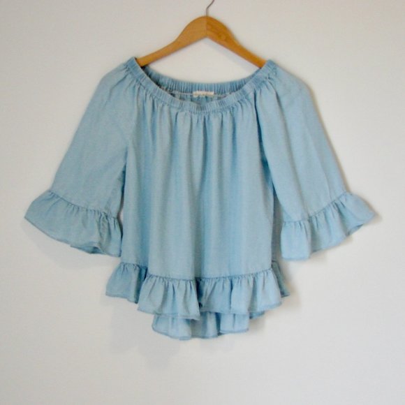 Ruffled Chambray Blouse Top Light Blue Boho Peasant Off Shoulder Size Small - Picture 3 of 14